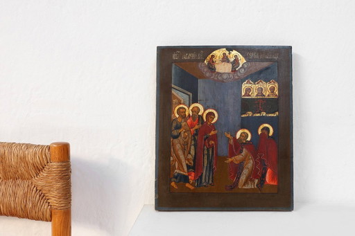 Icona religiosa tradizionale in legno di quercia del XIX secolo: Santo che guarisce un malato, XIX secolo