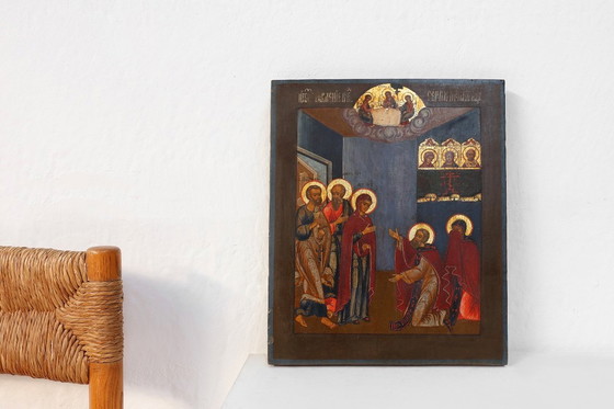 Image 1 of Icono religioso tradicional de roble del siglo XIX Un santo cura a un enfermo, 1800