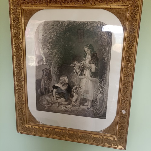 Authentic 19th-century engraving "The Sutherland Children" – Samuel Cousins (In original frame)