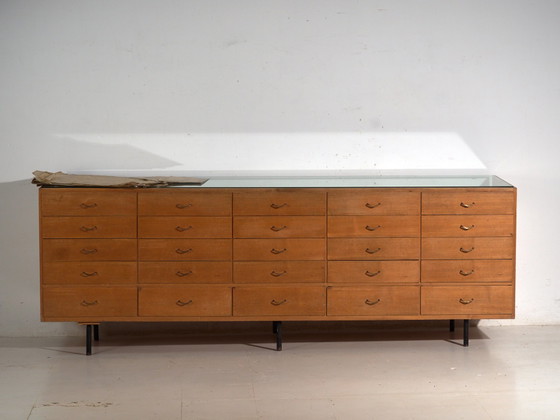 Vintage Twenty-Drawer Counter Chest, Central Europe, circa 1950, Storage cabinet, Glass, Brass, Black (photo 21 of 21)