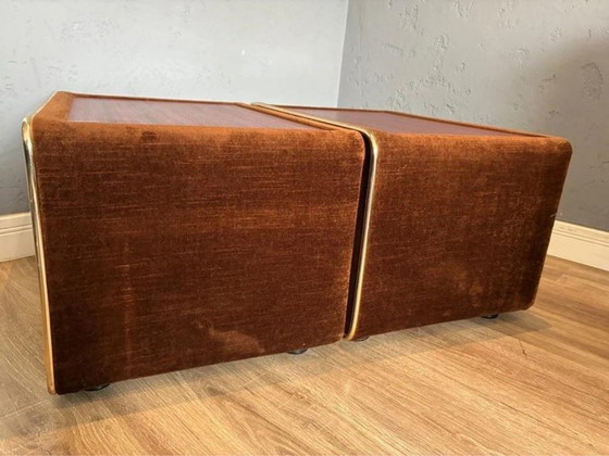 Ruf International Nightstands, Pair Mirrored Bedside Tables 1970s, Wood, Velvet, Brown (photo 7 of 8)