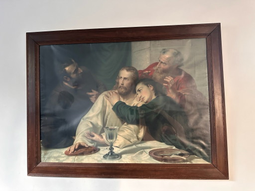 Grande stampa incorniciata dell'Ultima Cena dopo Adolph Schmitz | Cristo e San Giovanni | Arte murale religiosa