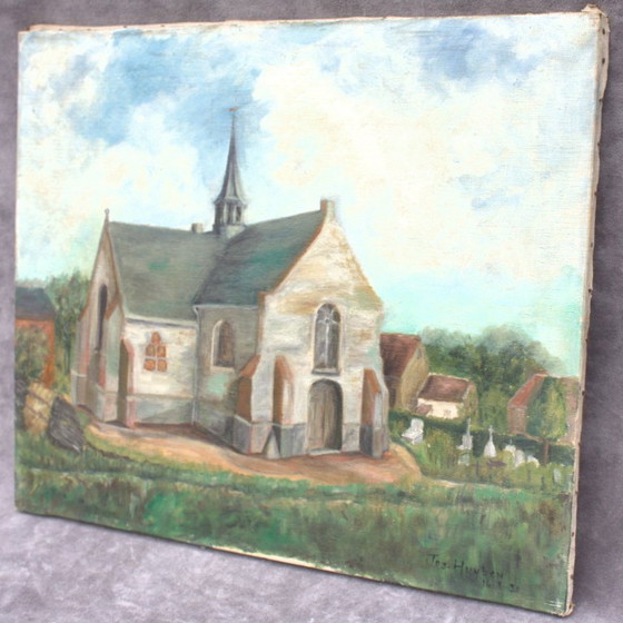 Image 1 of Vintage olieverfschilderij op canvas, gesigneerd, kerk, Europese vondst, landelijk stilleven, gedateerd 1950, wanddecoratie