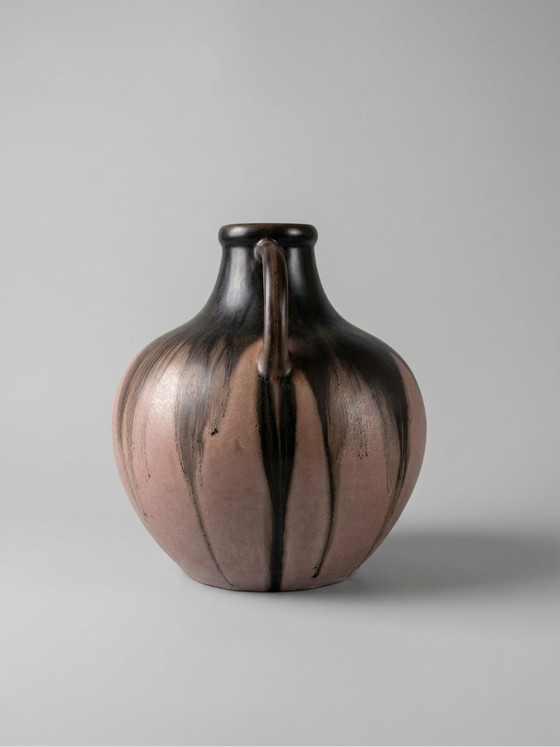 Image 1 of Stoneware vase signed Méténier, double handle, pink and black flamed glaze – 22 cm