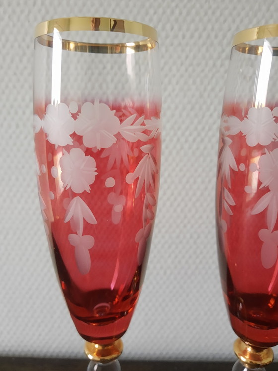 Image 1 of Set vintage kristallen Janus champagneglazen flutes met bladgoud