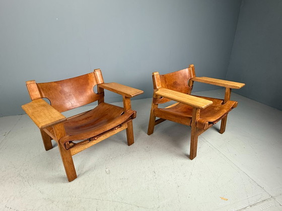 Image 1 of 2x Børge Mogensen Cognac-Leder und Eiche, spanischer Stuhl für Fredericia, 1960