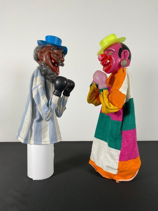 Pair of Vintage Boxing Hand Puppets Asian Man and Clown