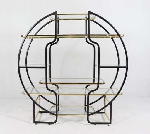 Sculpturaal Rond Wandrek in Gezwart Staal, Verguld Metaal en Glas — Hollywood Regency