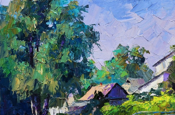 Image 1 of Origineel olieverfschilderij: Landelijk landschap, zomerdorp, over de brug in het bos.