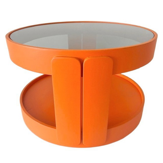 Image 1 of Vintage mid-century space age verrijdbare bijzettafel oranje op wieltjes 1960's