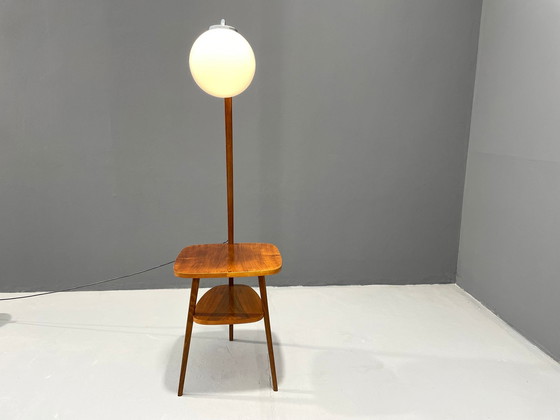 Image 1 of Art Deco Floor Lamp with Milk Glass and Side Table, 1950s – Czechoslovakia