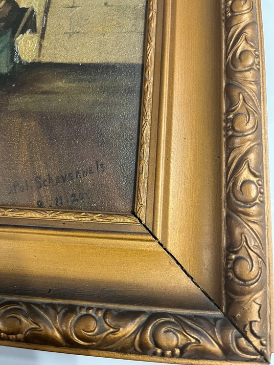 Antique oil painting on wooden panel (1920) – Signed – Interior with fireplace – Includes original frame (photo 5 of 10)