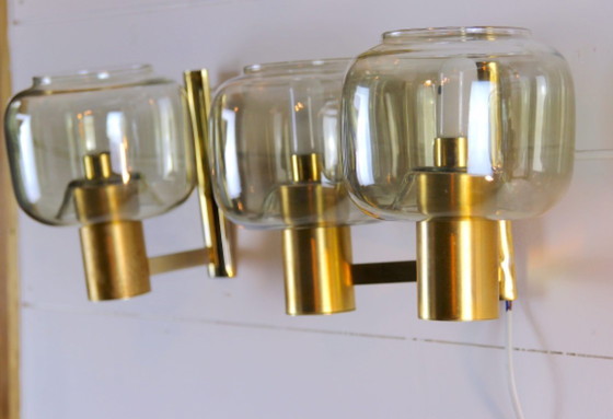 Image 1 of Coppia di applique scandinave in ottone con vetro fumé, dlg Hans-Agne Jakobssen
