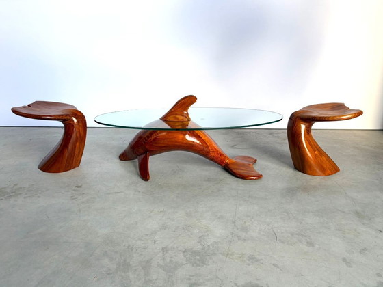 Polyte Solet Dolphin Coffee Table And Stools, 1990s – Glass, Wood (photo 7 of 16)
