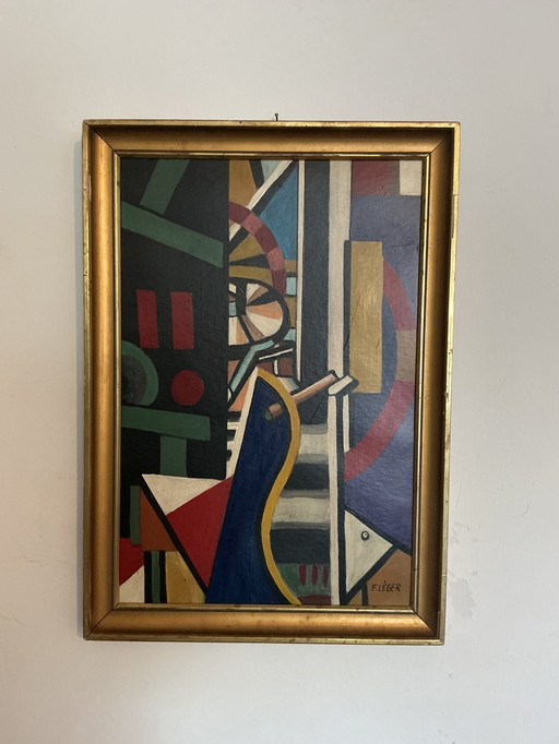 Dipinto astratto in stile cubista – Firmato – Olio su tela con cornice dorata