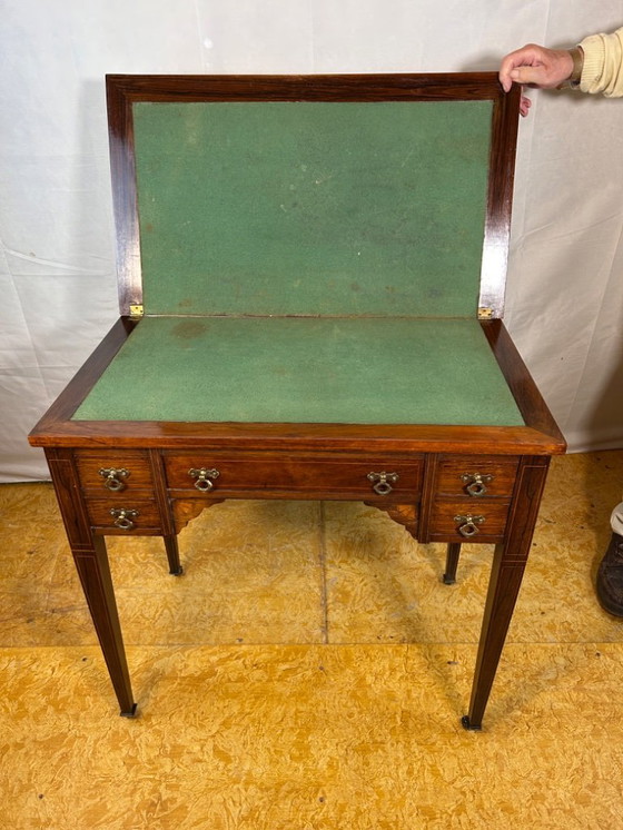 Image 1 of Antique Edwardian Rosewood Inlaid Desk / Transforming Games Table (1900–1910)  A Masterpiece of Dual-Function Design with Exquis