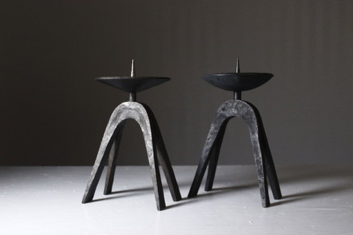Pair of wrought iron candlestick holders, brutalist modernist design, 1950s