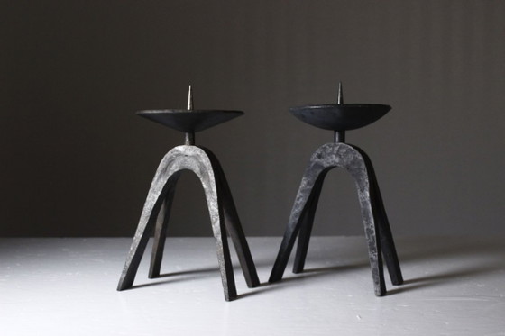 Image 1 of Pair of wrought iron candlestick holders, brutalist modernist design, 1950s