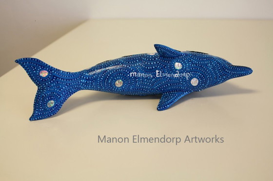 Image 1 of Handbeschilderd Beedje "Little Blue Dolphin" Nieuw Kunst