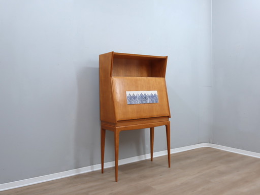 1950s Italian Birch Wood Bar Cabinet with Faenza Ceramic Decoration