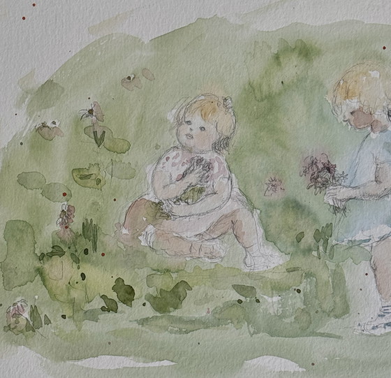Image 1 of Marie Louise Ogier - Magnifico acquerello "due bambini che raccolgono fiori" circa 1980