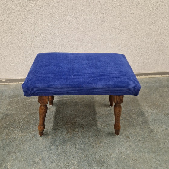 Image 1 of Vintage footstool cobalt blue newly upholstered stool footstool oak 1960s