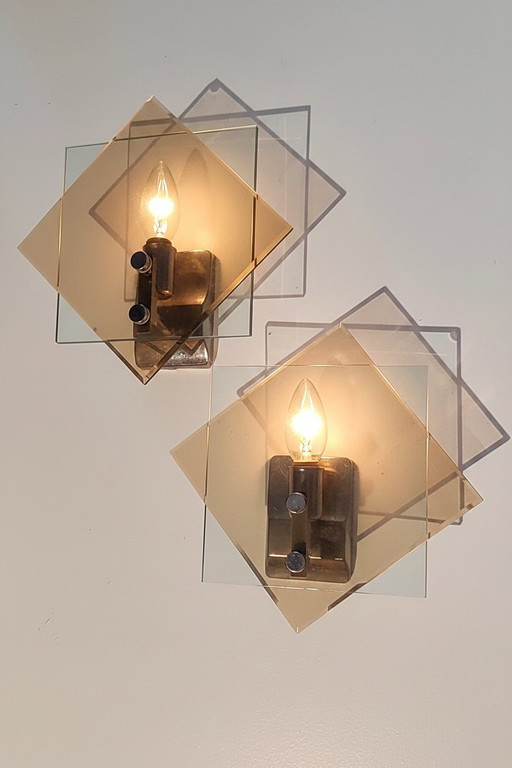 Coppia di lampade da parete Fontana Arte degli anni '70 – wandlampen, Glass, Metal