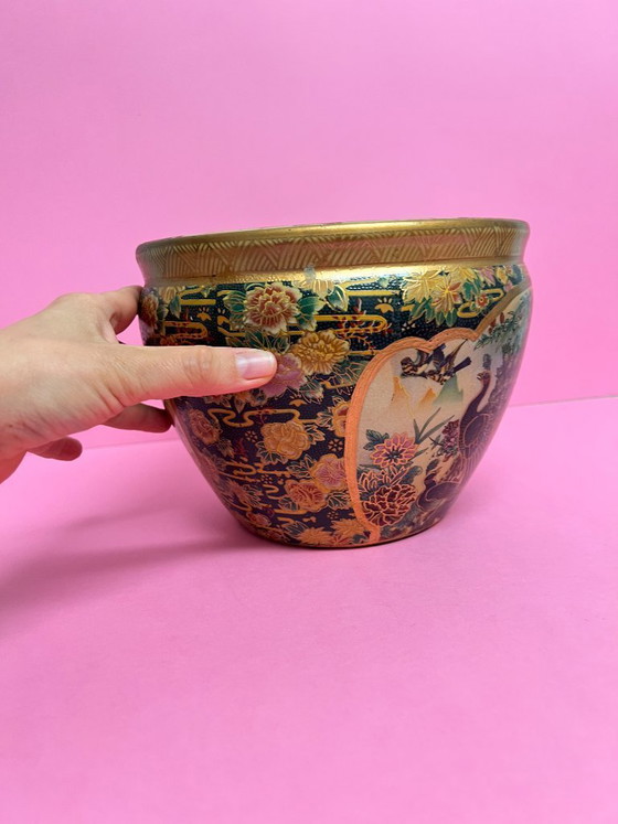 Image 1 of Vintage Satsuma Cachepot Flower Pot Planter with Peacock Motif – Hand-Painted Asian Ceramics