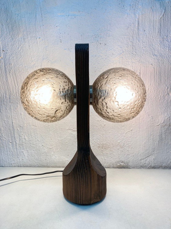 Image 1 of Tischleuchte von Temde aus Holz und Glas zweiflammig 70er brutalistischer Stil