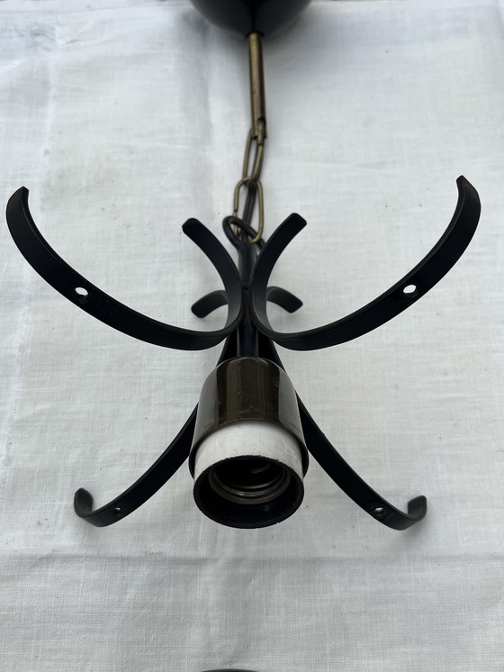 Image 1 of Unique Italian vintage pendant lamp | 1950s | Wrought iron, brass & opaline glass