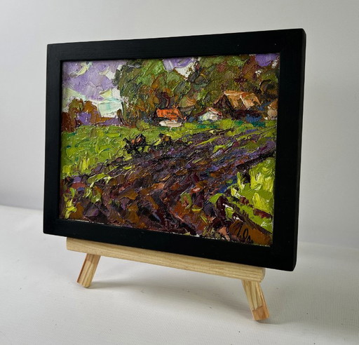 Original Oil Painting Summer Road Landscape Morning in the village