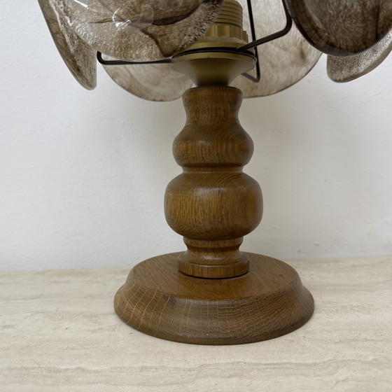 Image 1 of Vintage Brutalist Glass Table Lamp with Solid Oak Wooden Base, 1970s