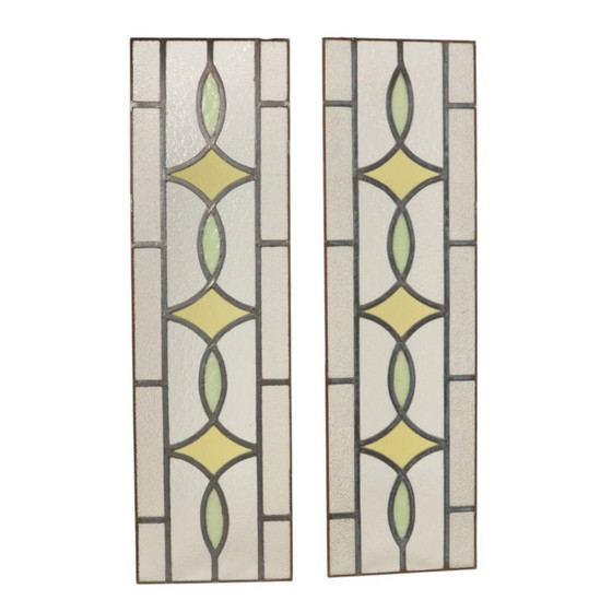 Vetrata artistica Art Déco con motivi geometrici, 85x24 cm., Oggetti decorativi, Vetro, Multicolore, Vintage (foto 3 di 18)