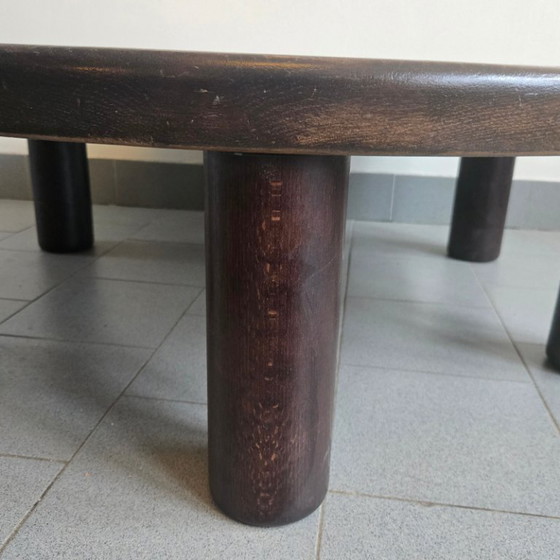 Image 1 of Vintage brutalistische salontafel uit de jaren 70, met 6 massief eikenhouten en stenen poten.