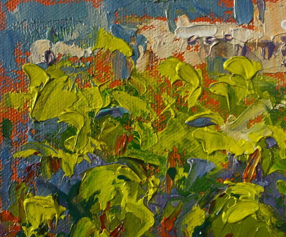 Image 1 of Original Oil Painting Colorful Trees Landscape Spring city in the shade of trees