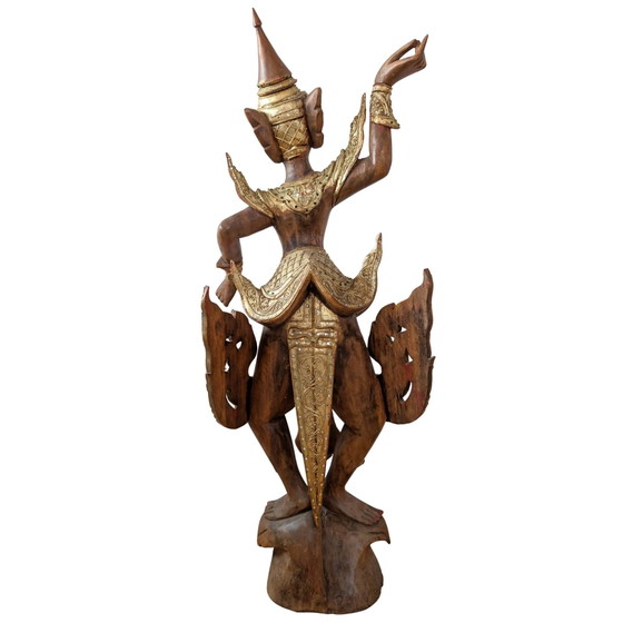 Grande Kinnara birmane sculptée à la main – Bois dur doré et incrustations de verre – 112 cm – Sculptures (photo 5 of 10)