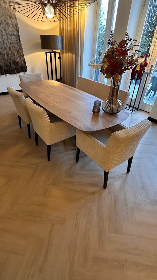 Four dining chairs with dining table bench