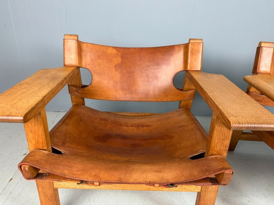Image 1 of 2x Børge Mogensen Cognac-Leder und Eiche, spanischer Stuhl für Fredericia, 1960