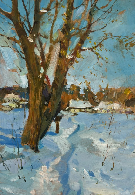 Image 1 of Original Oil Painting Winter Village Landscape Winter path to the village
