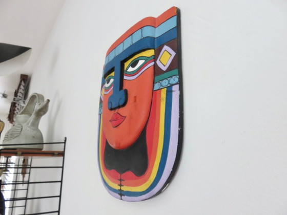 Image 1 of Masque aztèque « Laurel Burch », maya, bois peint à la main, pop art, 1980