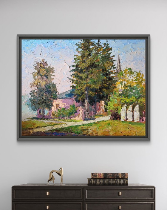 Image 1 of Original Oil Painting Cityscape House Garden Entrance to the Beautiful City
