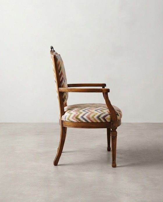 Vintage Hungarian Armchair with Chevron Pattern Fabric – Wood, Metal (photo 4 of 5)