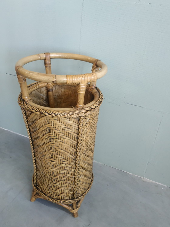Image 1 of Porte-parapluie vintage en bambou et rotin Porte-plante