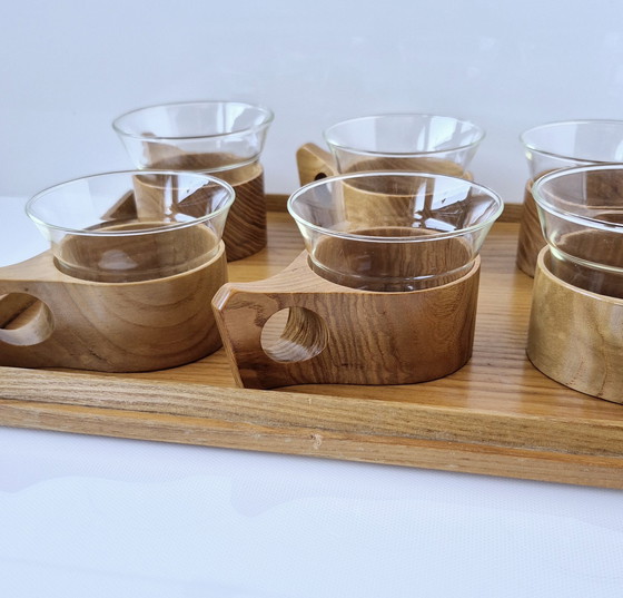 Image 1 of Vintage tea service, tea set, wooden cups + Jena glass Schott, 1960, with tray