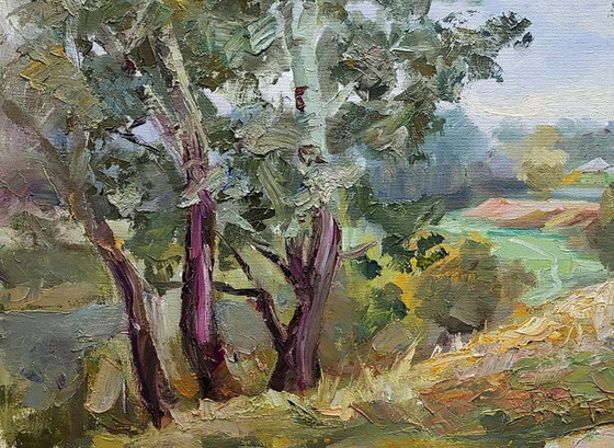Pittura a olio originale Paesaggio naturale Colline Pioppo argentato – Dipinti e disegni, Canvas (photo 6 of 7)