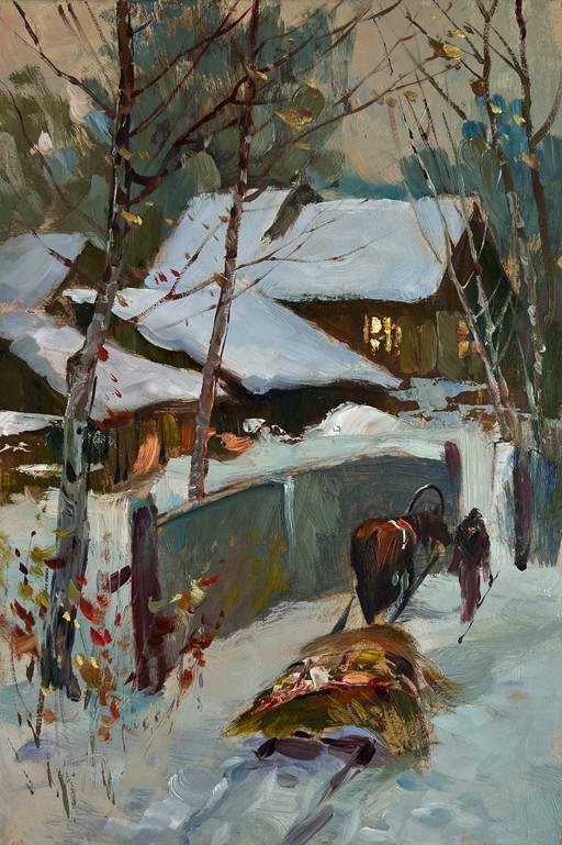 Pintura al óleo original: Paisaje de pueblo nevado, casa en una tarde de invierno.