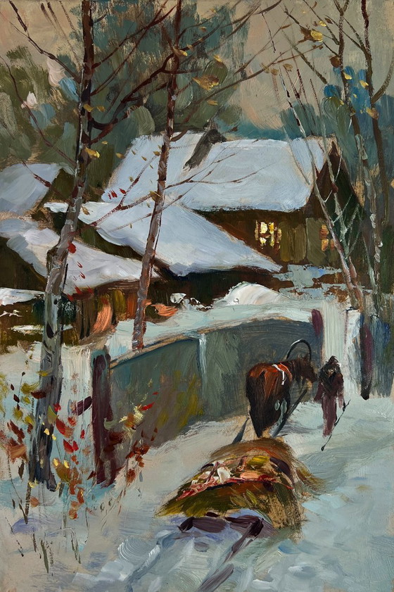 Image 1 of Original Oil Painting Snow Village Landscape Home on a winter evening