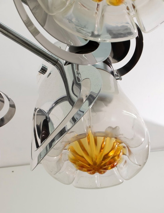 Image 1 of Araña italiana de cristal de Murano y acero Mazzega, mediados del siglo XX, años 70