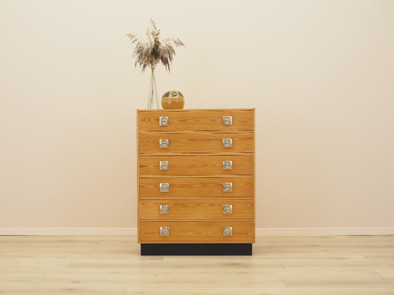 Danish pine veneer chest of drawers with six drawers, 1970s, Wood, Yellow (photo 2 of 11)