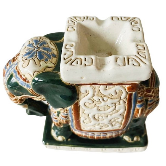 Image 1 of Vintage Oosterse olifant keramiek groen plantenstandaard boho 1970's